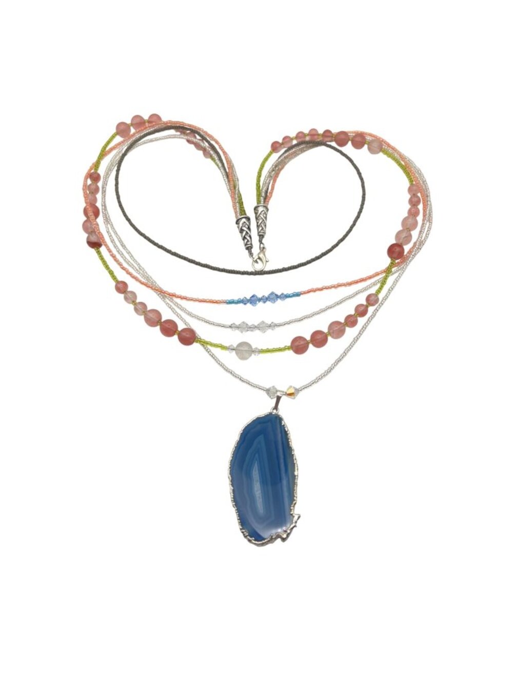 Blue Agate Slice Pendant Necklace Multistrand Beaded Boho Pink Green Glass Layer - Picture 1 of 15